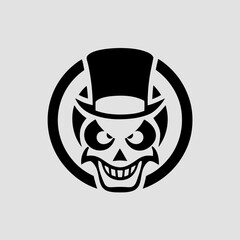 Stylized skull logo with top hat and circular background in bold black design, ideal for horror themes, gothic tattoo artwork, gaming icons, punk branding, and dark fantasy illustrations.