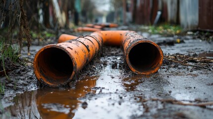 Orange drainage pipes lie in mud puddle, near buildings.