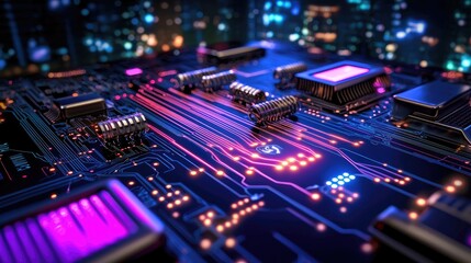 Fototapeta premium Vibrant Abstract Circuit Board with Neon Lights in Urban Environment