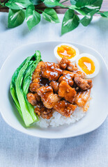 煮込み豚肉をご飯にのせた台湾風ルーローハンの盛り付け