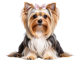 Morkie Dog Sitting Upright with Bow on Head, Front-Facing View, isolated on transparent background.