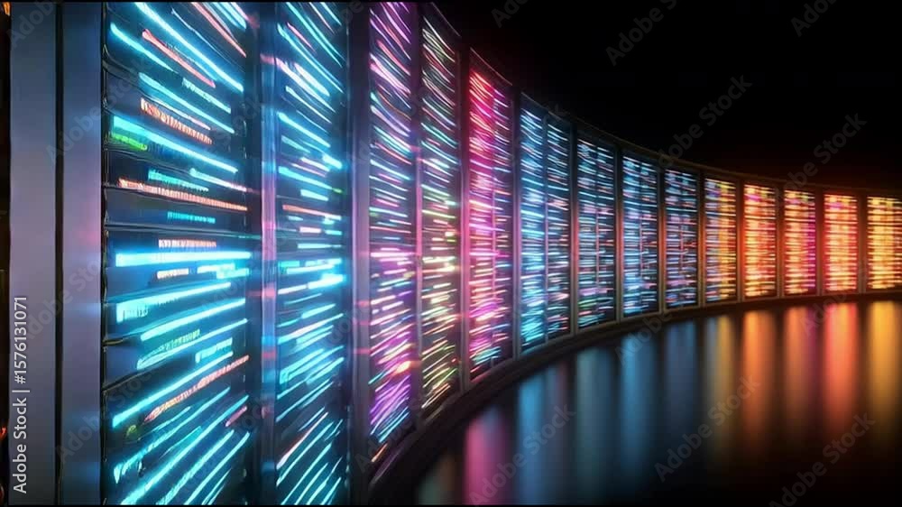 Poster colorful neon light glowing on server rack in data center with vibrant technology reflections on glo
