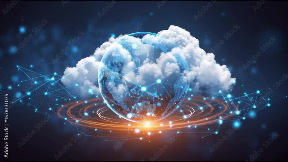 Aufkleber Digital globe cloud computing network connection with glowing data points symbolizing futuristic technology and abstract data connection in dark blue background for global network integration