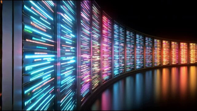 Colorful neon light glowing on server rack in data center with vibrant technology reflections on glossy floor creating dynamic futuristic atmosphere in curved space