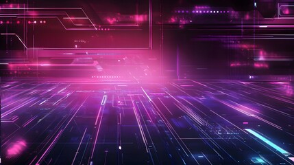 Digital circuit board glowing with vibrant pink and purple hues.
