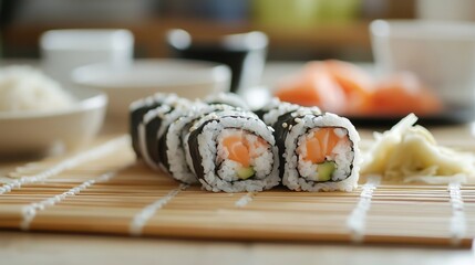 Classic Salmon Maki Rolls on Bamboo Mat