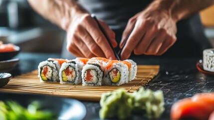 Close-Up of Hands Holding Fresh Sushi Rolls with Chopsticks
