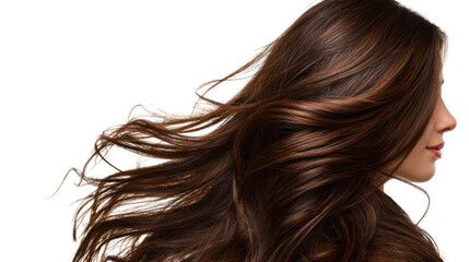 Naklejka premium Woman with flowing hair, showcasing beauty and elegance, isolated on a white background.
