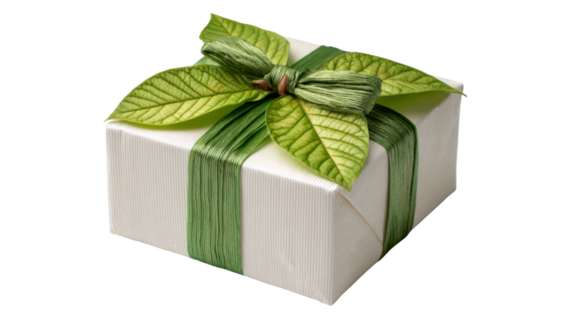 Wrapped gift box adorned with green ribbon and leaf decoration, perfect for celebrations.