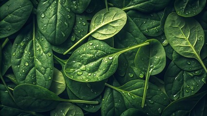 Obraz premium Fresh Green Spinach Leaves With Water Droplets image