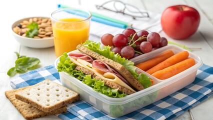Healthy lunchbox with sandwich grapes carrots juice and apple