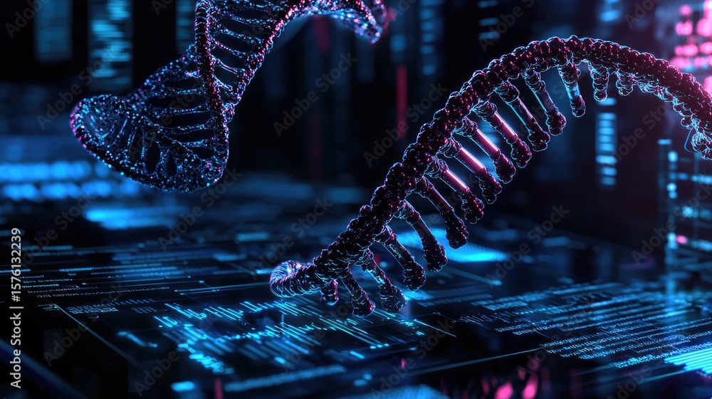 Poster 3d render of colorful dna helix structure on digital background