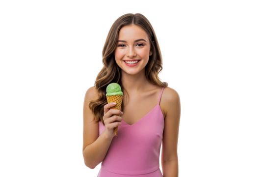 young woman holding a green ice cream on white