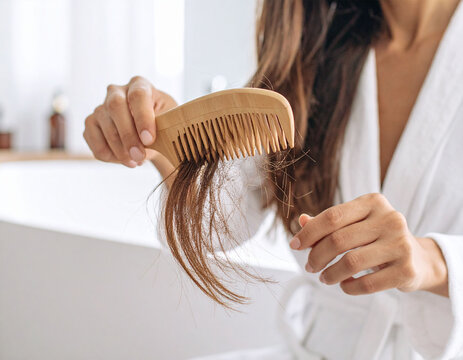 Woman combing her hair that has fallen out