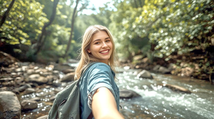Female hiker holding hand of his boyfriend, happy young Caucasian woman with blonde hair and a radiant smile is captured in a follow-me style shot, holding someone's hand