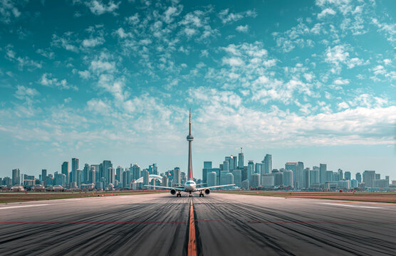 Large commercial airplane on runway approaching downtown city