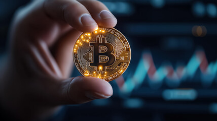 Holding a Bitcoin above financial market charts in a digital setting