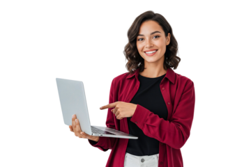 young woman with laptop on white