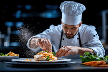Chef preparing gourmet dish in professional kitchen setting
