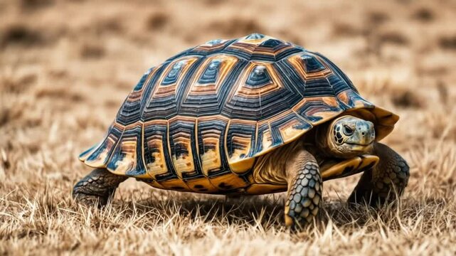 Close-up of a radiated tortoise walking slowly on dry ground, its unique shell pattern providing a suitable visual for wildlife education, exotic animals, or reptile-focused documentaries.