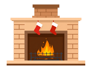 Flat fireplace with chimney decor, transparent background