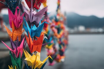 Close-up of colorful origami cranes hanging around a statue in Hiroshima
