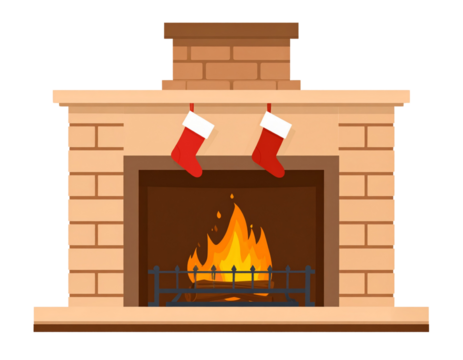 Flat fireplace with chimney decor, transparent background