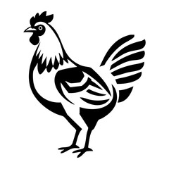Hand drawn ink illustration of a stylized rooster or chicken in a bold black line graphic design