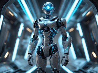 Fototapeta premium Futuristic humanoid robot with glowing blue circuitry android science fiction