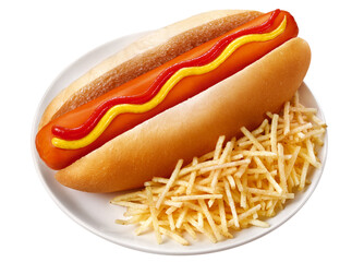 prato com cachorro quente com ketchup, mostarda e batata palha isolado em fundo transparente - hot dog tradicional