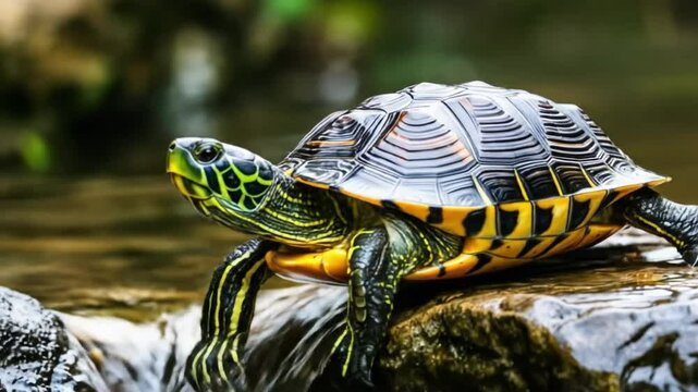 Green pond turtle basking on a sunlit rock near water, its vibrant shell reflecting sunlight, making it suitable for freshwater animal visuals or relaxing nature-themed footage.