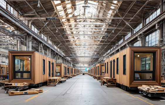 Tiny homes constructed in large industrial warehouse on rails