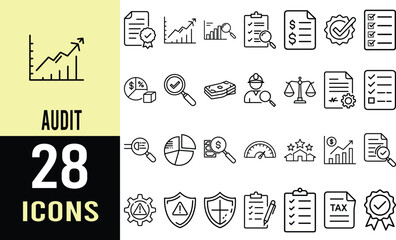 Collection of Line Icons: Finance, Analysis, Checklist, Audit, and Compliance Symbols