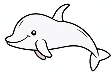 Cute cartoon dolphin doodle icon with thick black outline, minimalist vector style on white background, simple shapes with no shading or texture