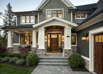 Fototapeta premium Modern Craftsman House Exterior with Covered Porch, Gabled Roof, Stone Accents, Warm Lighting, and Well-Maintained Landscaping at Dusk