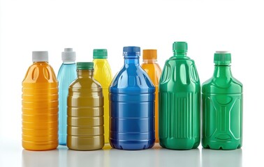 Assorted colorful plastic bottles of different shapes and sizes lined up on a white surface studio shot