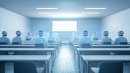 Futuristic Classroom with Students Wearing VR Headsets, Immersed in Virtual Reality