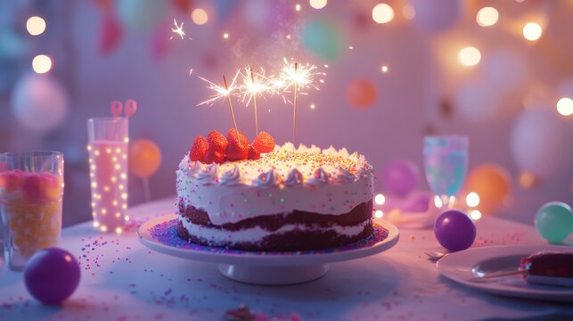 Festive birthday cake with sparklers, surrounded by colorful balloons and drinks at a celebration.