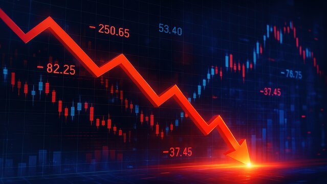 Red downward arrow over glowing data grid shows market decline in a digital dashboard with blue and red numbers, symbolizing unstable Tech Finance Data Visualization
