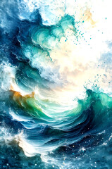 Sunlit Celestial Ocean Waves in Abstract Light, Dreamlike Flow of a Cosmic Sea -Generative AI
