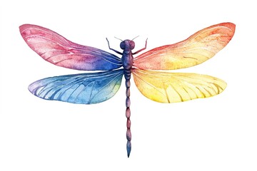 Bright multicolored watercolor illustration of dragonfly in naive style on clean white background, ideal for greeting cards, children books and nature themed prints