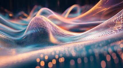 Abstract digital wave pattern with shimmering colors.