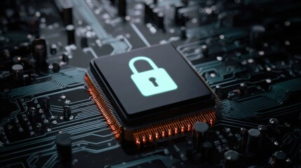 Digital lock symbol glowing over computer circuit board, showing cybersecurity concept with secure data in Tech Network and AI Circuitry, Energy Flow system