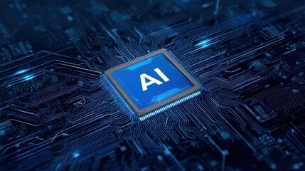 Blue tech board with glowing AI chip in center, symbolizing smart machines and data systems in modern Tech Network and AI Circuitry with smooth Energy Flow