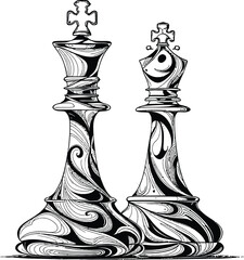 Regal Min d play  Artistic Chess King and Queen with Intricate Swirling Patterns in Monochrome Silhouettes Representing Strategy and Power