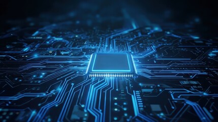 Central glowing chip on blue motherboard, showing energy hub and digital pathways used in Tech Network and AI Circuitry with futuristic Energy Flow