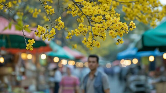 Man walking under tet yellow blossom in outdoor market. 4K Video