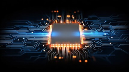 Shiny digital chip lights up a circuit board in abstract style, showing smart tech movement through Tech Network, AI Circuitry, and Energy Flow process