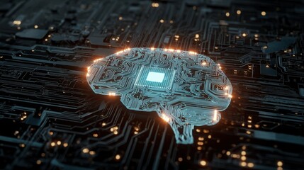 Brain shape circuit board from digital boards and bright chip, symbolizing smart thinking in Tech Network with AI Circuitry and fast Energy Flow system