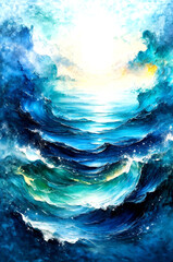 Sunlit Celestial Ocean Waves in Abstract Light, Dreamlike Flow of a Cosmic Sea -Generative AI
